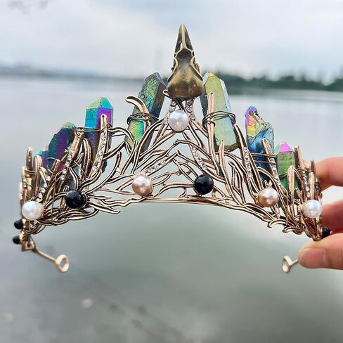 Aura Crystal Quartz Crown Tiara-Triple Goddess Moon Crystal Boho Headband Wedding Bride Headpiece for Woman Festival and Parties (Rainbow-Raven) in Saudi Arabia