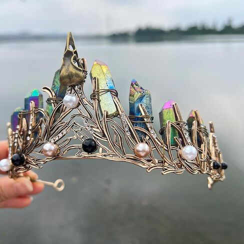 Aura Crystal Quartz Crown Tiara-Triple Goddess Moon Crystal Boho Headband Wedding Bride Headpiece for Woman Festival and Parties (Rainbow-Raven) in Saudi Arabia