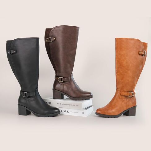 Women's Extra Wide Calf Knee High Riding Boots with Block Heel and Decorated Double Buckle in Kuwait