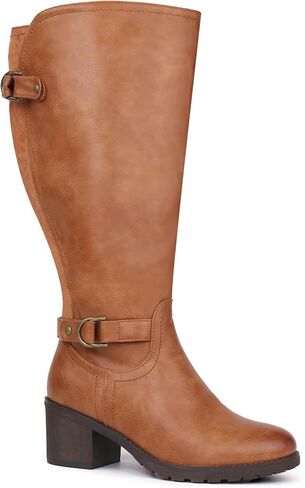 Women's Extra Wide Calf Knee High Riding Boots with Block Heel and Decorated Double Buckle in Kuwait