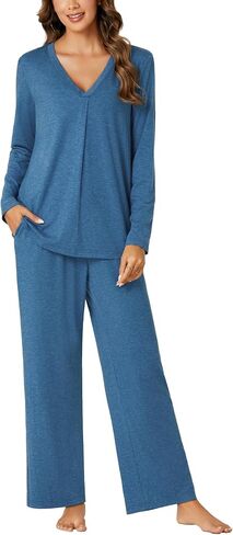 Vrtige Women's Pajama Set V Neck Long Sleeve Pleated Top With Wide Leg Pants 2 Piece Pj Set Sleepwear in Saudi Arabia