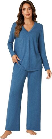 Vrtige Women's Pajama Set V Neck Long Sleeve Pleated Top With Wide Leg Pants 2 Piece Pj Set Sleepwear in Saudi Arabia