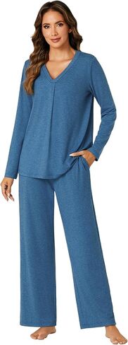 Vrtige Women's Pajama Set V Neck Long Sleeve Pleated Top With Wide Leg Pants 2 Piece Pj Set Sleepwear in Saudi Arabia