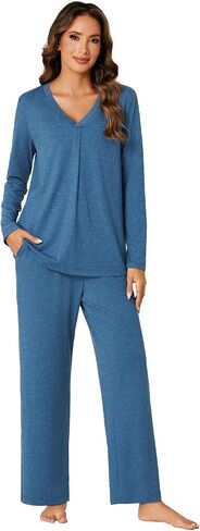 Vrtige Women's Pajama Set V Neck Long Sleeve Pleated Top With Wide Leg Pants 2 Piece Pj Set Sleepwear in Saudi Arabia