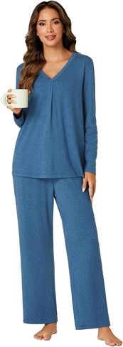 Vrtige Women's Pajama Set V Neck Long Sleeve Pleated Top With Wide Leg Pants 2 Piece Pj Set Sleepwear in Saudi Arabia