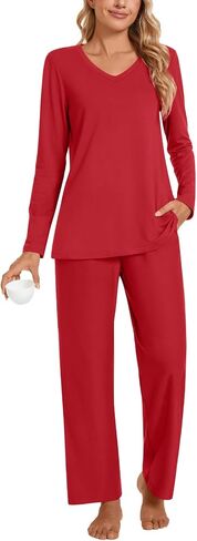 POPYOUNG Women's Pajama Set, Fall-Winter Lounge sets Long Sleeves Sleepwear V Neck with pockets 2 Piece Pjs Sets Nightwear in Saudi Arabia