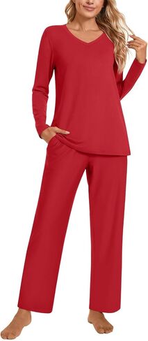 POPYOUNG Women's Pajama Set, Fall-Winter Lounge sets Long Sleeves Sleepwear V Neck with pockets 2 Piece Pjs Sets Nightwear in Saudi Arabia