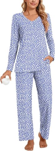 POPYOUNG Women's Pajama Set, Fall-Winter Lounge sets Long Sleeves Sleepwear V Neck with pockets 2 Piece Pjs Sets Nightwear in Saudi Arabia