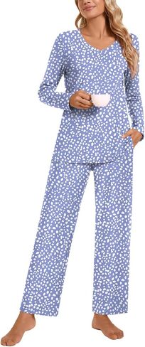 POPYOUNG Women's Pajama Set, Fall-Winter Lounge sets Long Sleeves Sleepwear V Neck with pockets 2 Piece Pjs Sets Nightwear in Saudi Arabia