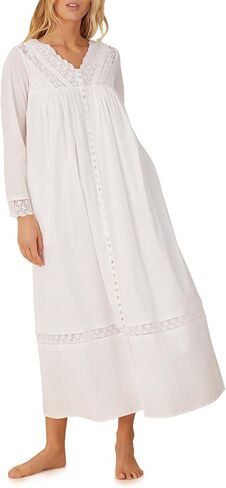 Eileen West Queen Anne's Lace Portofino Ballet Button Front Women's Robe, Long Sleeve, Side Pockets, 52" Length, 100% Cotton in Saudi Arabia