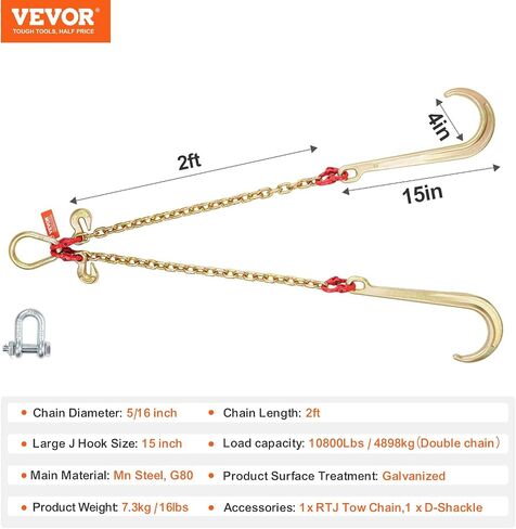 سلسلة لجام VEVOR G80 V، لجام سلسلة سحب 5/16 بوصة × 2 بوصة مع خطافات J مقاس 15 بوصة وخطاطيف إمساك، لجام سلسلة سحب للنقل الثقيل مع حمل عمل آمن بوزن 10800 رطل لاستعادة هادم الشاحنة المسطحة in Saudi Arabia