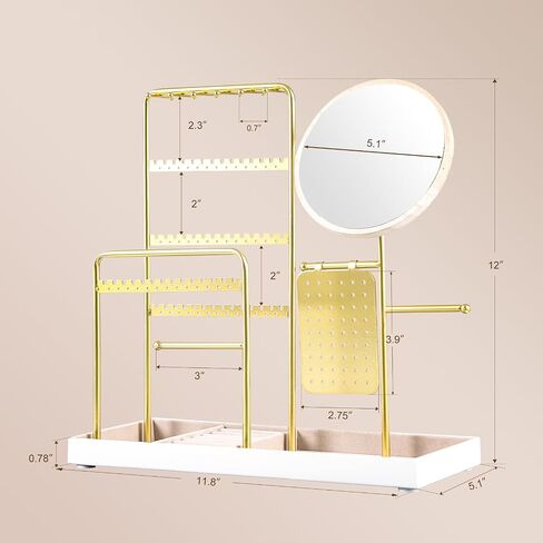 منظم حامل المجوهرات مع مرآة، حامل عرض المجوهرات مع إطار معدني وصينية Vevet - سعة كبيرة - حامل سوار قلادة وأقراط، للأزرار والخواتم وفكرة هدية - ذهبي in Saudi Arabia