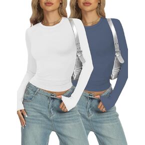 YOGINGO 2 Pack Womens Crew Neck Basic Long Sleeve T Shirt Slim Fit Tees 2024 Fall Y2k Going Out Tops Cute Tight Shirts