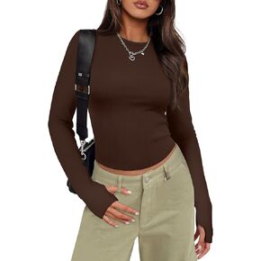 قمصان WIHOLL بأكمام طويلة للنساء بياقة دائرية ومضلعة قطع علوية قصيرة للخروج موضة الخريف ملابس Y2K بقصة ضيقة 2024 in Kuwait