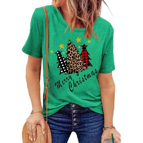 Merry Christmas T-Shirt Christmas Tree Reindeer Pattern T-Shirt Leopard Print Plaid Short-Sleeved T-Shirt