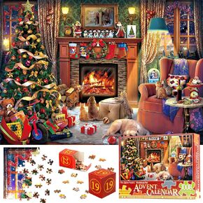 Puzzle Advent Calendar 2024-1008Pcs 24 Days of Christmas Countdown Advent Calendar Xmas Fireplace Puzzle for Kids Adults Christmas Gift