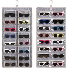 Dual Sided Sunglasses Storage organizer case, Eyeglasses Holder Wall Mounted with 32 Clear Slots & Metal Hook, Dust Proof Sunglasses Storage Case (Gray)
