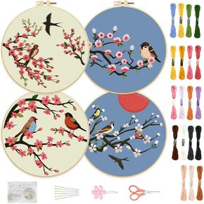 FREEBLOSS 4 Set 12'' Embroidery Kit for Beginners Swallows&Flowers Branch Embroidery Kit with Instructions Full Kit of Embroidery Cloth Embroidery Hoops 19 Colors Flosses