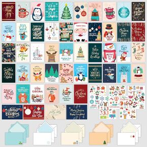 Decorably 50 Pack Foiled Assorted Christmas Cards with Envelopes & Stickers - 50 Unique Designs with Printed Message Inside Christmas Cards with Envelopes Pack, 5x7in Bulk Christmas Cards