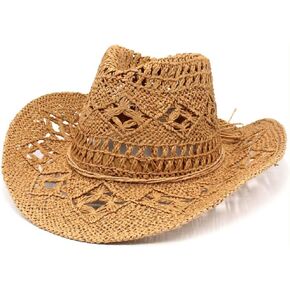 Wide Brim Straw Hat Men & Women's Summer Cowboy Cowgirl Straw Hat Shapeable Hollow Out Woven Roll Up Beach Sun Hat
