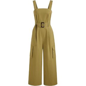 CIDER 100% Cotton Mid Rise Soild Pocket Jumpsuit With Belt