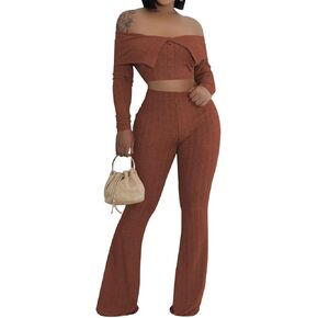 Aro Lora Womens Sexy Long Sleeve Off Shoulder Ribbed Party 2 Piece Outfit Crop Top and Pant Set