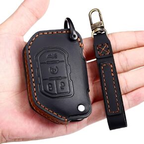 EASYANT Genuine Leather Car Key Fob Cover Compatible with Jeep 2018-2024 Gladiator Wrangler Sahara Rubicon 4 Buttons Black