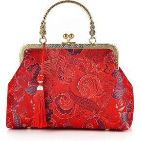 Women Girls Flowers Embroidered Top-handle Bag Chinese Vintage Kiss Lock Tote Handbag Wedding Party Evening Clutch Purse