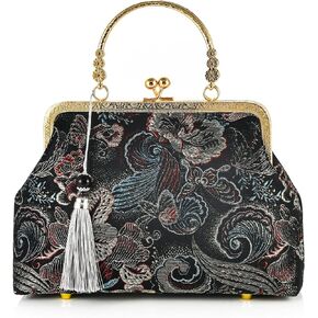 Women Girls Flowers Embroidered Top-handle Bag Chinese Vintage Kiss Lock Tote Handbag Wedding Party Evening Clutch Purse