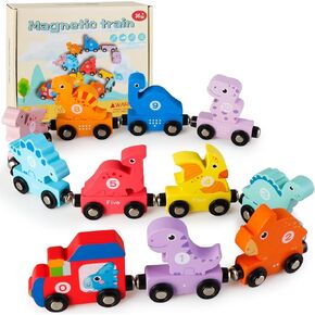 Wooden Train Set Dinosaur Train Toys - Train Toys for Toddlers 3-5, Magnetic Train Matching and Number Learning ColorToys, Montessori Toys Fine Motor Skill Educational Toy for 2 3 4 5 Years Old Kids