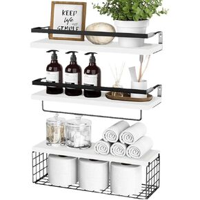 LiveGo 3+1 Floating Shelves for Wall, Bathroom Shelves Over Toilet with Metal Frame and Towel Bar for Kitchen, Bedroom, Living Room, Wall Shelves Organizers and Storage (White)