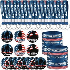 Sotiff Veterans Day Gifts Set Includes Veterans Bracelets Keychain Button Pins for Veterans Day Gifts Bulk Army Accessories Party Favors Gift(72 Pcs)