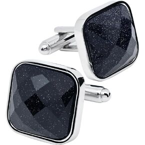 Square Natural Blue Sanstone Cufflinks for Men In Gift Case Polyhedral Gemstone Silver Men's Cufflinks Jewelry Set for Wedding Party Anniversary Business Events Dress