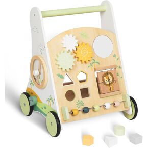 Wooden Baby Push Walker Adjustable Speed Montessori Walker with Activity Center for Boys, Girls and Toddler Toy for Ages 1-3