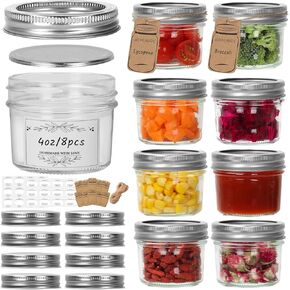 Eathtek Small Mason Jars 8oz/250ml with Regular Lids, 6 Pack Glass Canning Jars With Labels, Mini Glass Jars for Jam Jelly Spice Honey Herbs, Wedding Shower Favors Food Storage Candle Jars