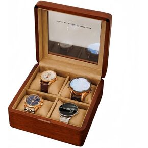 Watch Box, Watch Case for Men Women with Large Glass Lid, Wooden Watch Display Storage Box with 4 Slots, Solid Wood Walnut Mens Watch Box Organizer Velvet Lining for Father‘s Day Gift