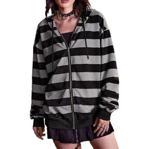 LAVASEON Women 's Oversized Zip Up Hoodie Y2K Striped Lightweight Hooded Sweatshirt Gothic Streetwear Pullover