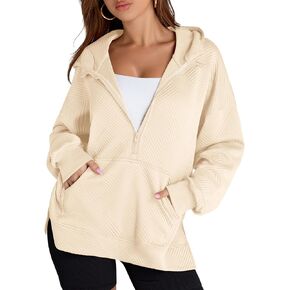 LOMON Womens Oversized Half Zip Hoodies Long Sleeve Textured Casual Sweatshirts Loose Fall Pullover Tops with Pockets