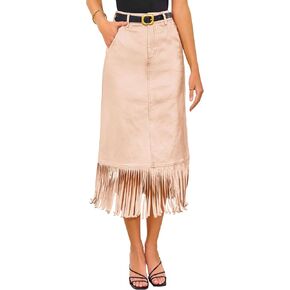 PRETTYGARDEN Women's Metallic Midi Party Skirt Casual High Waisted Fringe Shiny Y2K Long Pencil Skirts Fall Clothes