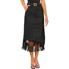 PRETTYGARDEN Women's Metallic Midi Party Skirt Casual High Waisted Fringe Shiny Y2K Long Pencil Skirts Fall Clothes