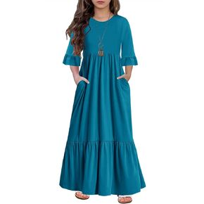 HOSIKA Girls Maxi Dress Crew Neck A-line Loose Flowy Tiered Holiday Casual Dresses with Pockets for 6-12 Y