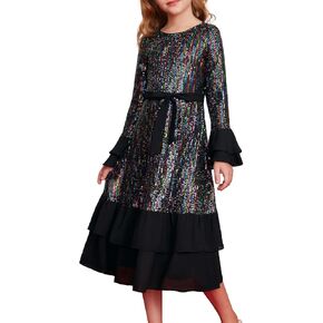 GRACE KARIN Girls Sequin Party Dress Formal Fancy Sparkle Birthday Graduation Long Sleeve Maxi Dress Size 5-12