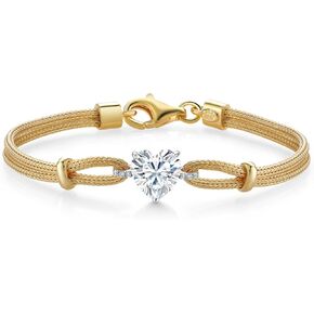 Gem Stone King 18K 2 Tone Sterling Silver White Moissanite and White Lab Grown Diamond Bracelet For Women | 1.84 Cttw | Heart Shape 8MM | 6.5/7/7.5 Inches | Made In Italy