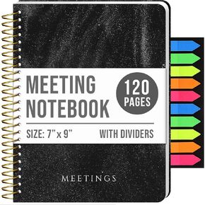 Meeting Notebook with Removable Dividers, Gold Spiral Meeting Notebook with Action Items and Hard Cover Meeting Minutes Notebooks for Office/Business with Back Pocket, Notebook Gift