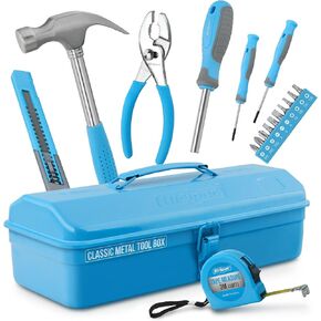 Hi-Spec 17pc Blue Beginner Tool Kit Set & Metal Box. Complete Real Hand Tools for DIY Starters & Kids