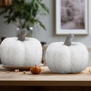 2 Pcs 5.3 Inch Thanksgiving Large Artificial Pumpkins Chenille White Fake Pumpkins Jumbo Decorative Foam Pumpkins Giant Tangled Line Stem Faux Harvest Pumpkins for Fall Halloween Decoration