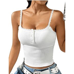 SHENHE Women's Lace Trim Padded Camisole Scoop Neck Knit Henley Tank Top Undershirt Cami