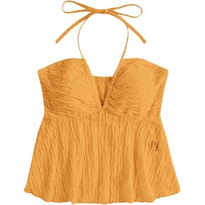 SHENHE Women's Tie Halter Neck Backless Ruffle Hem Sexy Peplum Crop Top Sleeveless Top