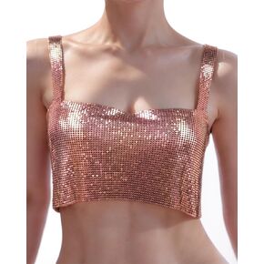 Women's Sparkly Rhinestone Top Sexy Metallic Sleeveless Trendy Spaghetti Strap Tube Vest Rave Party Clubwear