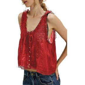 Women Sleeveless Ruffled Lace Trim Chiffon Crop Top Scoop Neck Flowy Button Down Front Tie Mesh Crop Tank Top